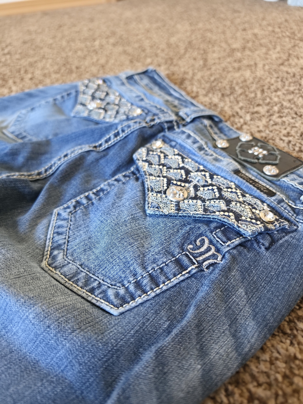 Miss Me Signature Bootcut Jeans Blue  Embellished Rhinestone Stretch Size 29